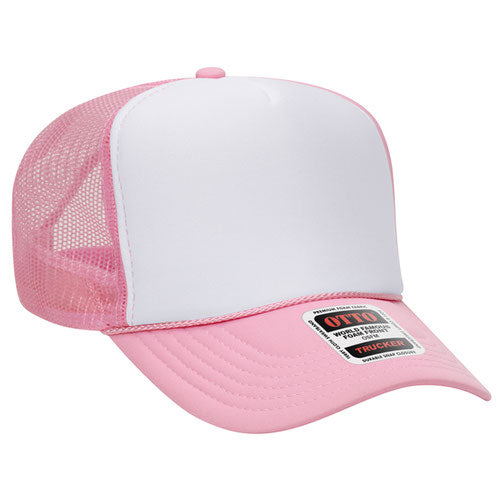 Pink and White high-crown mesh trucker hat on a solid white background.