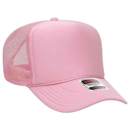 Pink high-crown mesh trucker hat on a solid white background.
