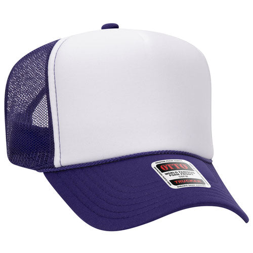 Purple and White high-crown mesh trucker hat on a solid white background.