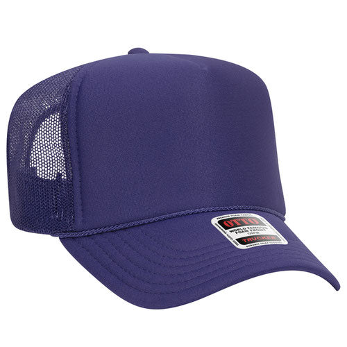 Purple high-crown mesh trucker hat on a solid white background.