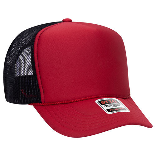 Red and Black high-crown mesh trucker hat on a solid white background.