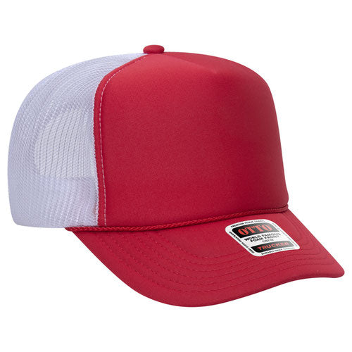 Red and White high-crown mesh trucker hat on a solid white background.