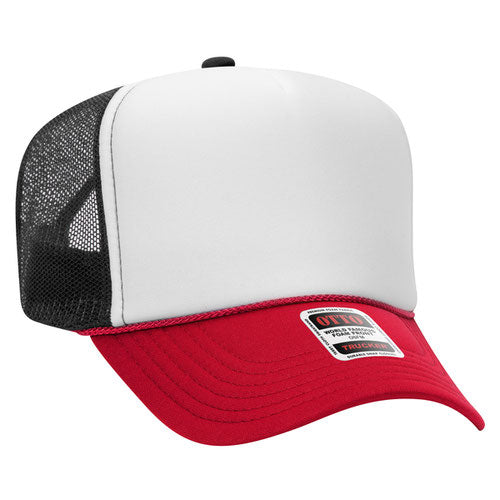 Red, White, and Black high-crown mesh trucker hat on a solid white background.