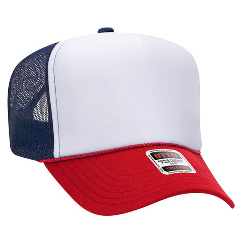 Red, White, and Navy high-crown mesh trucker hat on a solid white background.