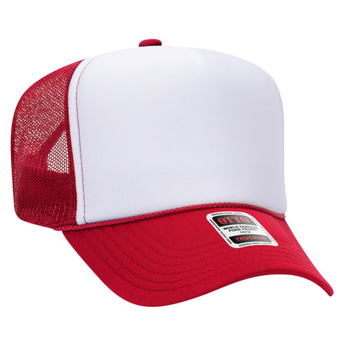 Red and White high-crown mesh trucker hat on a solid white background.
