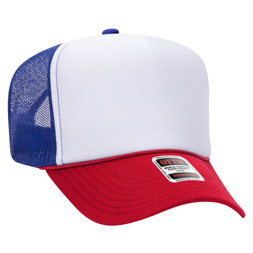 Red, White, and Royal high-crown mesh trucker hat on a solid white background.