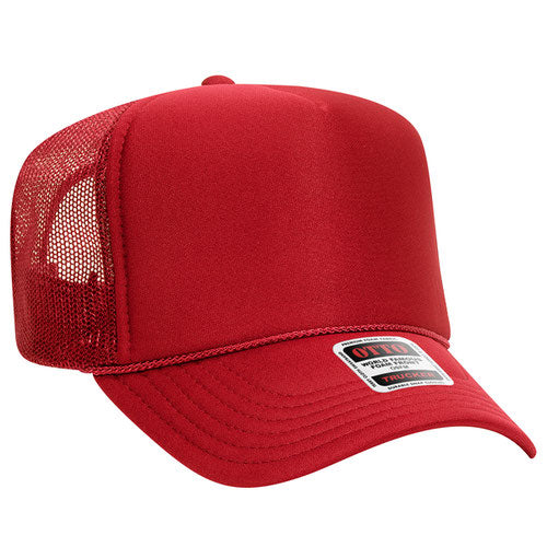 Red high-crown mesh trucker hat on a solid white background.