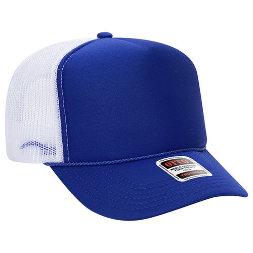Royal and White high-crown mesh trucker hat on a solid white background.