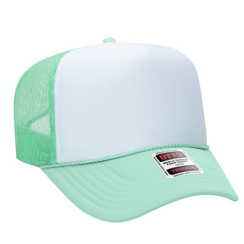 Seafoam Green and White high-crown mesh trucker hat on a solid white background.