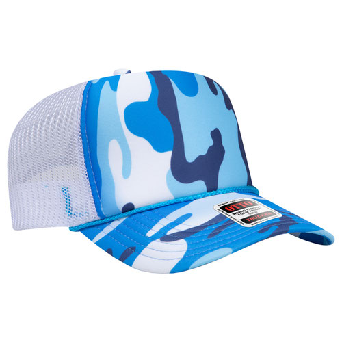 Sky Camo and White high-crown mesh trucker hat on a solid white background.