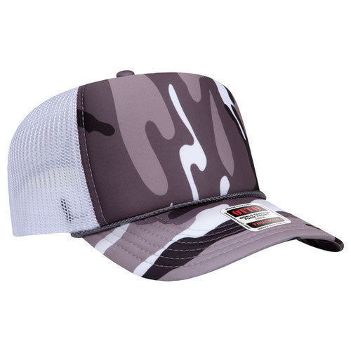 Snow Camo and White high-crown mesh trucker hat on a solid white background.