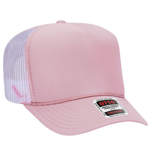 Soft Pink and White high-crown mesh trucker hat on a solid white background.