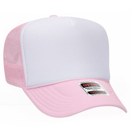 Soft Pink and White high-crown mesh trucker hat on a solid white background.