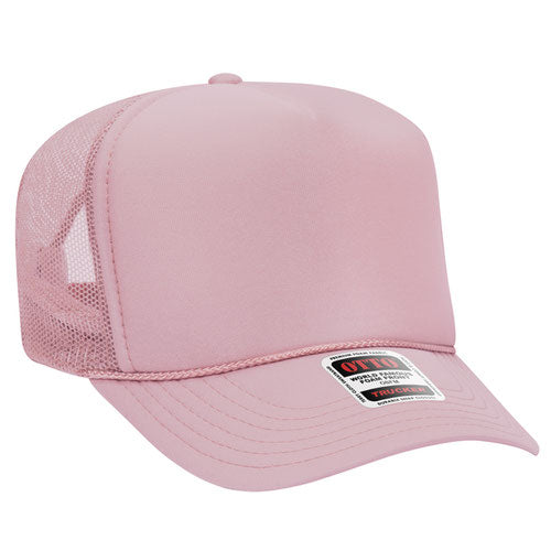 Soft Pink high-crown mesh trucker hat on a solid white background.
