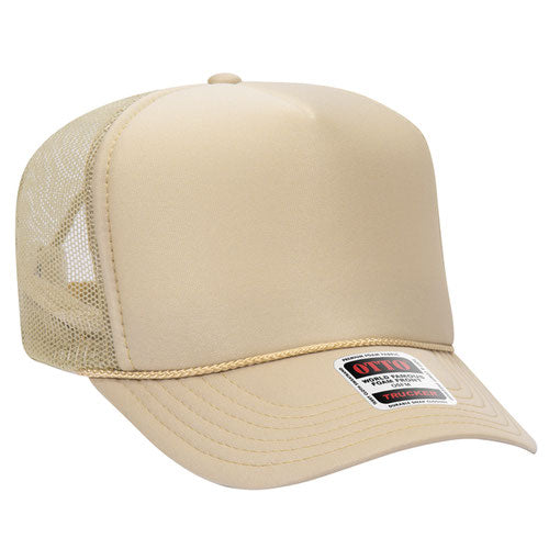 Tan high-crown mesh trucker hat on a solid white background.