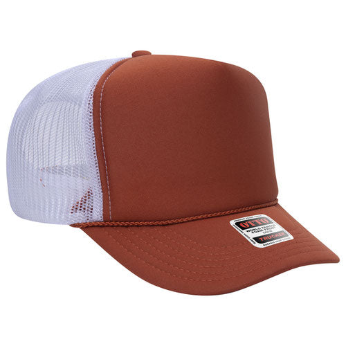 Texas Orange and White high-crown mesh trucker hat on a solid white background.