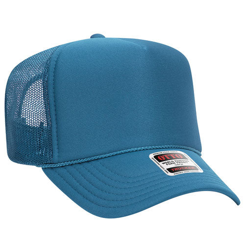 Turquoise high-crown mesh trucker hat on a solid white background.