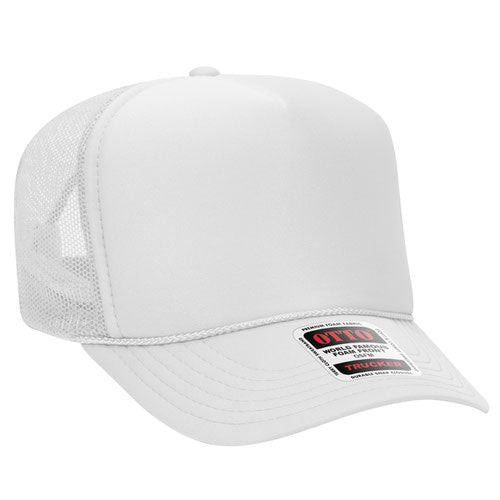 White high-crown mesh trucker hat on a solid white background.