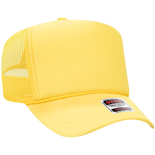 Yellow high-crown mesh trucker hat on a solid white background.
