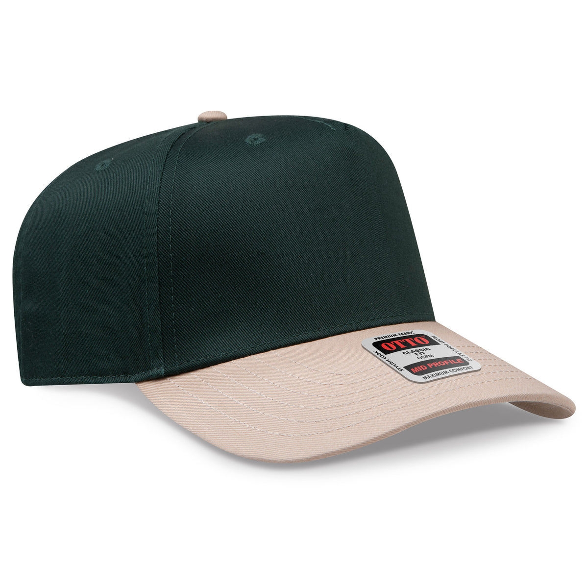 Two-tone green and beige cap with a brand label on a white background