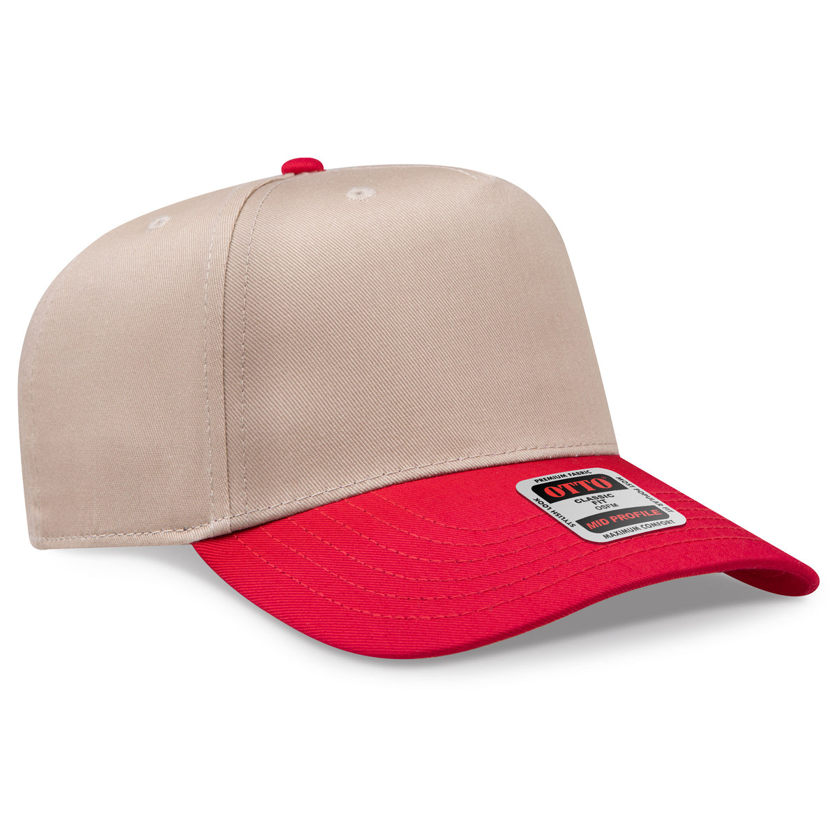 Beige and red cap with a brand label on a white background
