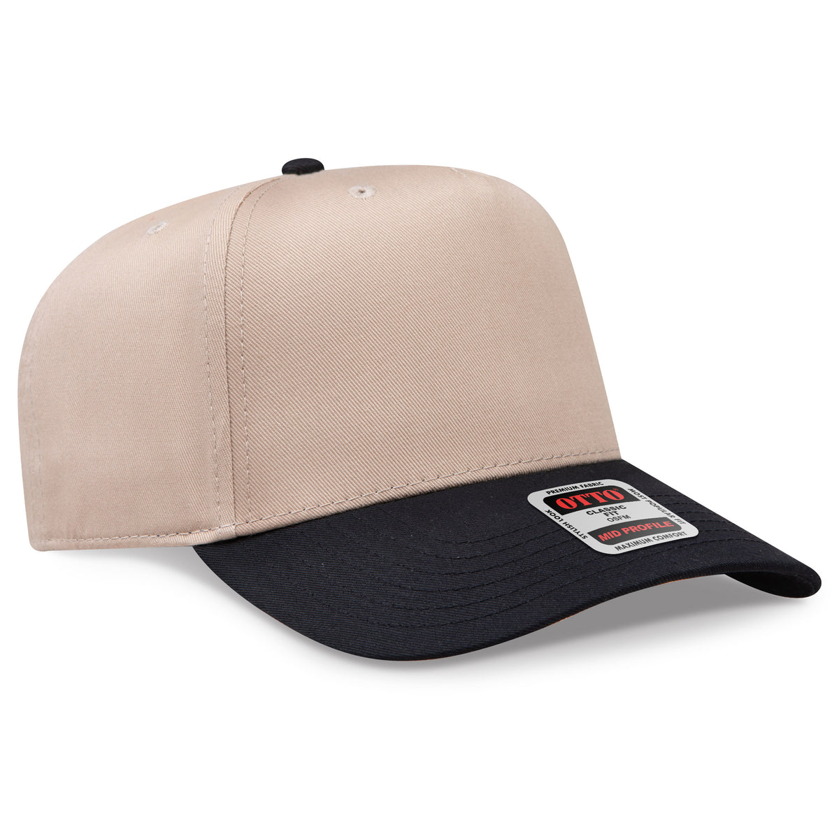 Beige and black cap with a brand label on a white background