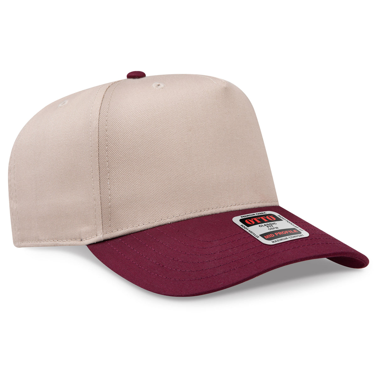 Beige and maroon cap with a brand label on a white background