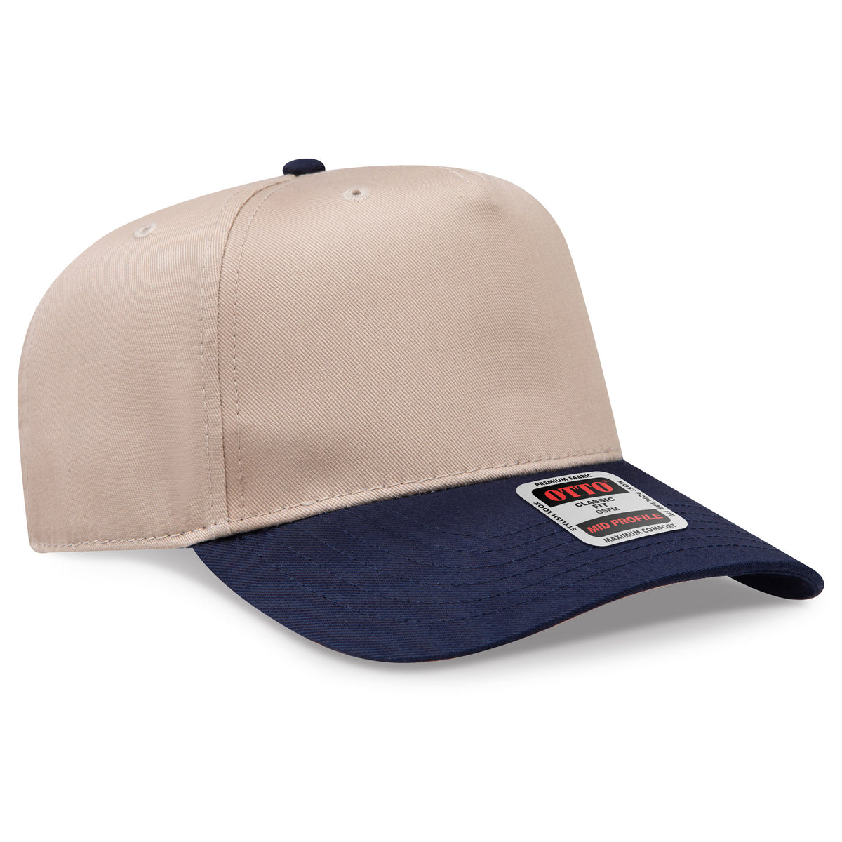 Two-tone beige and navy cap with a brand label on a white background