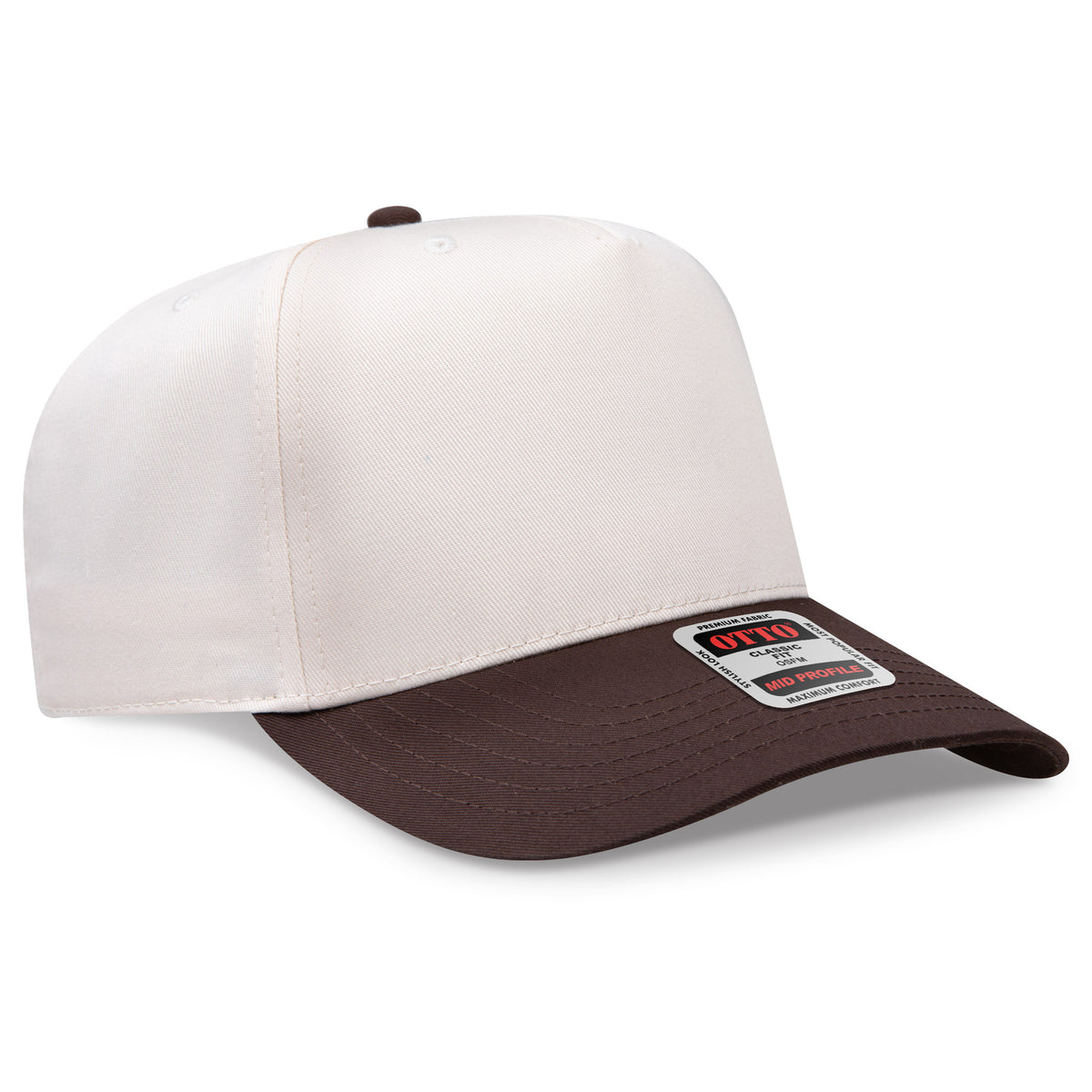 White and brown cap with a brand label on a white background