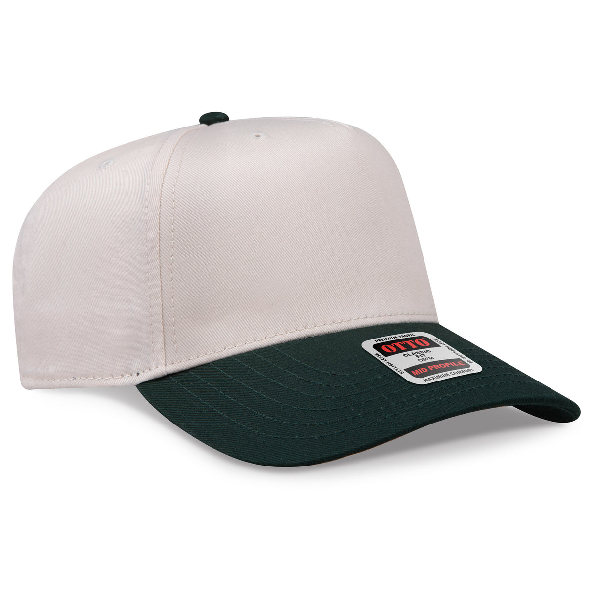 Two-tone cap with beige top and green brim on a white background