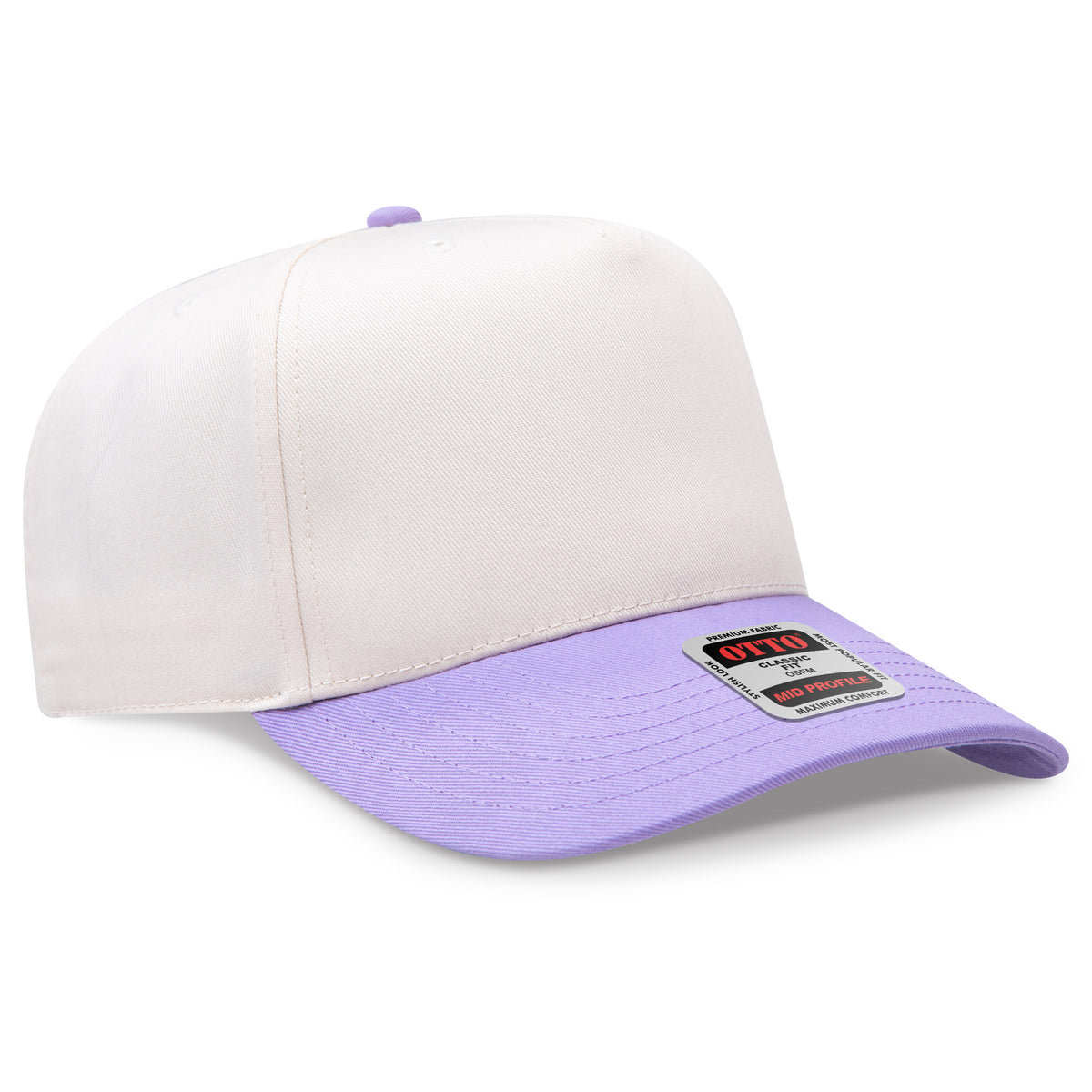 White and purple baseball cap with a brand label on a white background