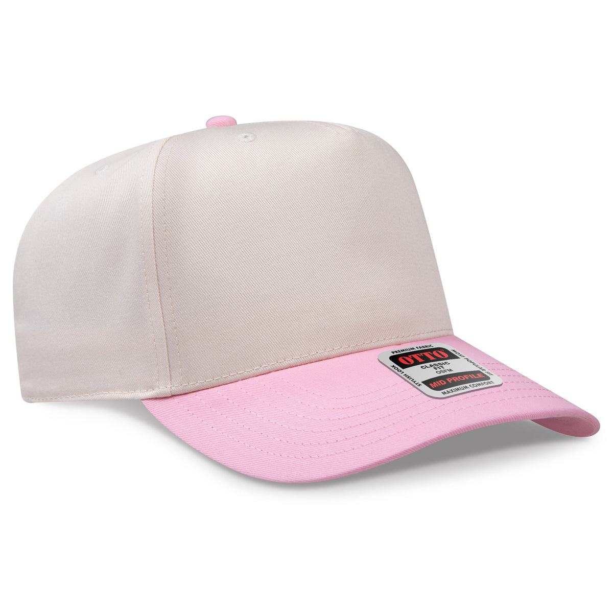 Two-tone beige and pink cap with a brand label on a white background
