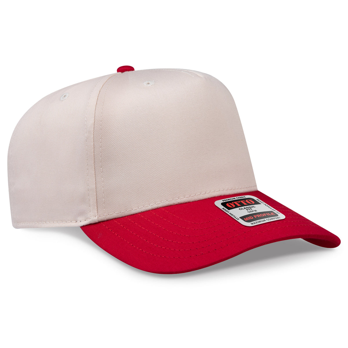 Beige and red cap with a brand label on a white background