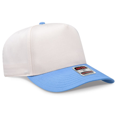 White and blue cap with a brand label on a white background