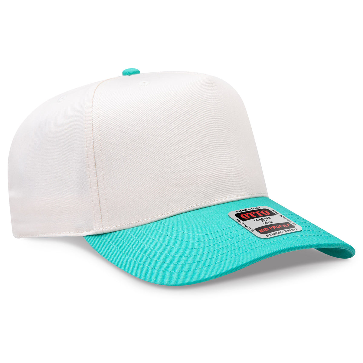 White and turquoise baseball cap with a brand label on a white background