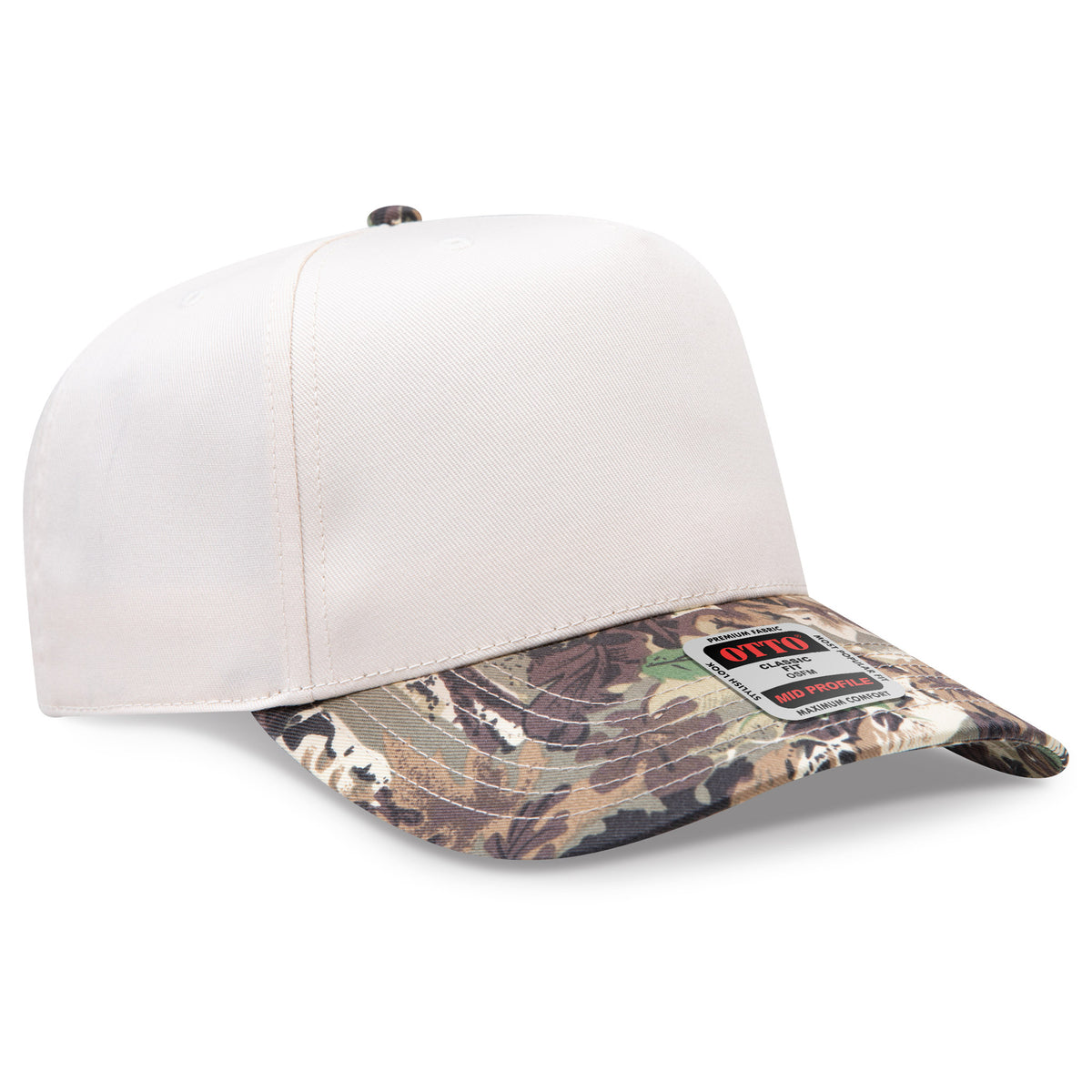 White cap with camouflage bill and visible brand logo on a white background