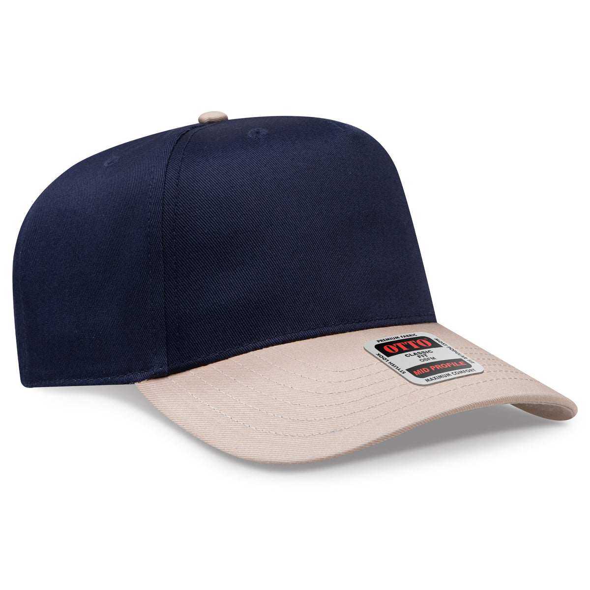 Navy and beige cap with a brand label on a white background