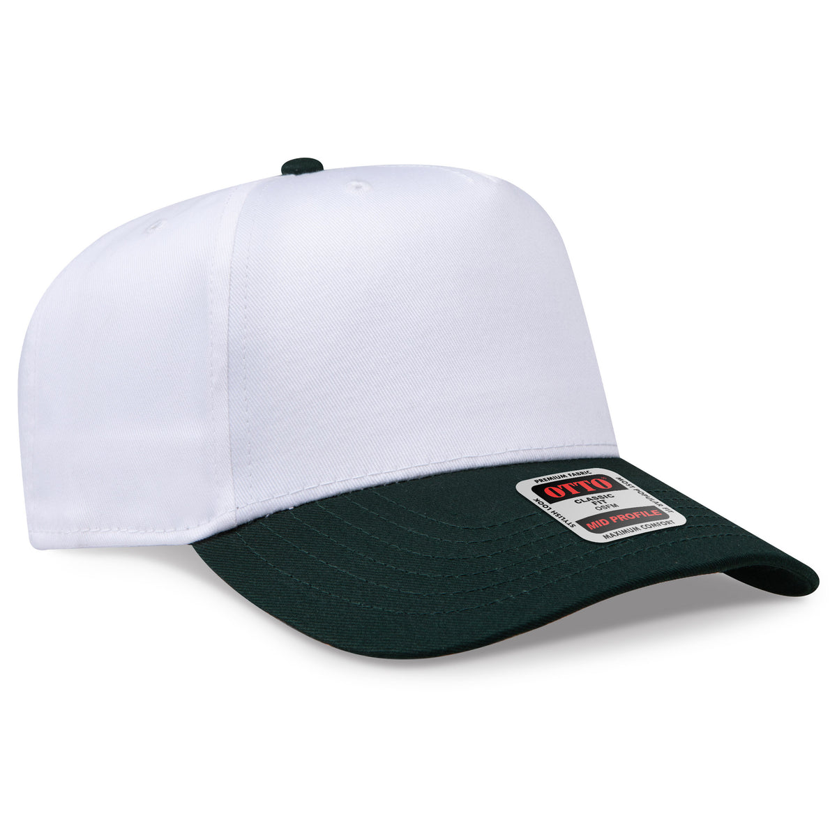 White and green baseball cap with a brand label on a white background