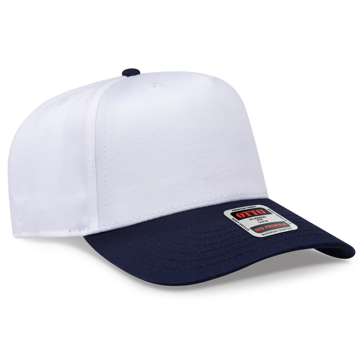 White and navy baseball cap with a brand label on a white background