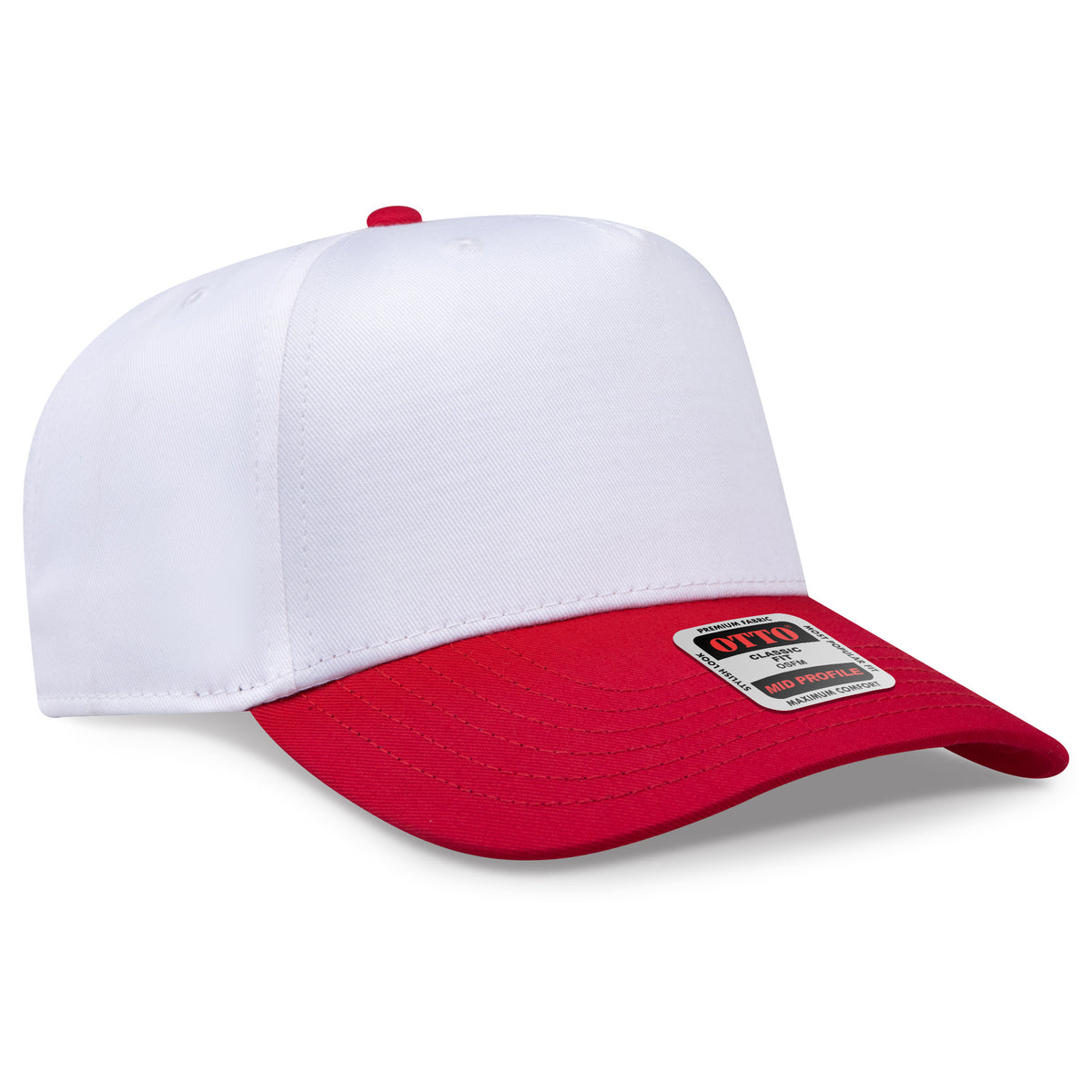 White and red cap with a brand label on a white background