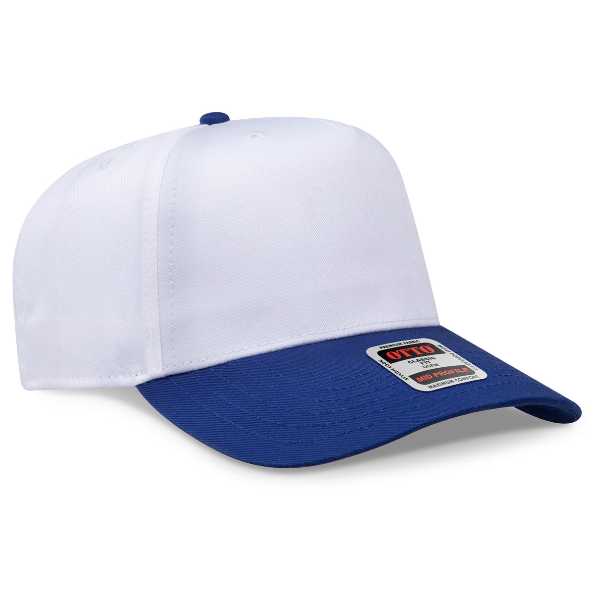 White and blue cap with a brand label on a white background