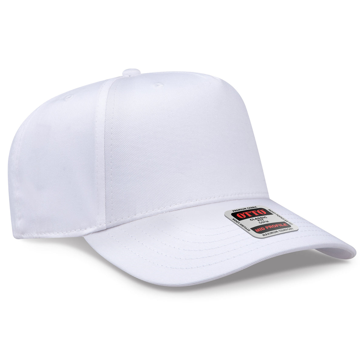 White baseball cap with a brand label on a white background