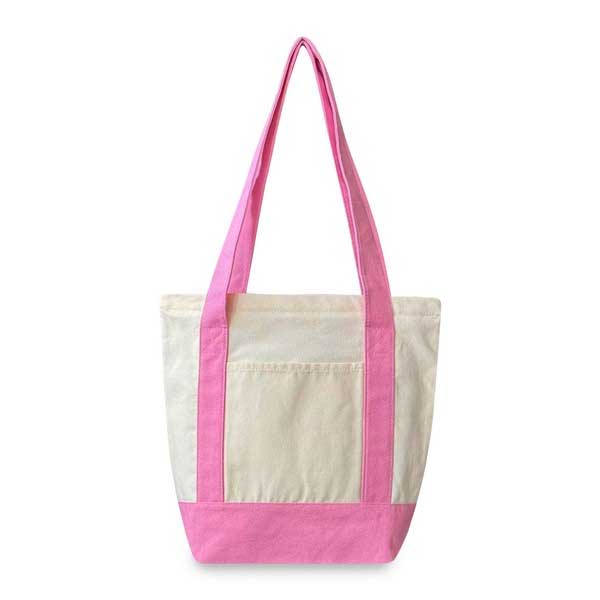 A canvas tote bag with a natural off-white body, a front pocket, and bright pink handles and bottom trim, shown against a plain white background.