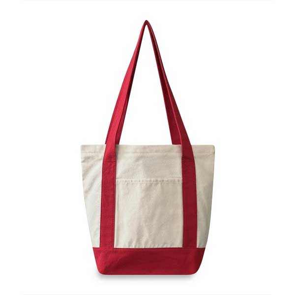 A canvas tote bag with an off-white body and red straps, trim, and bottom base, shown against a plain white background.