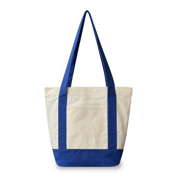 A canvas tote bag with an off-white body and royal blue straps, trim, and base, shown against a plain white background.