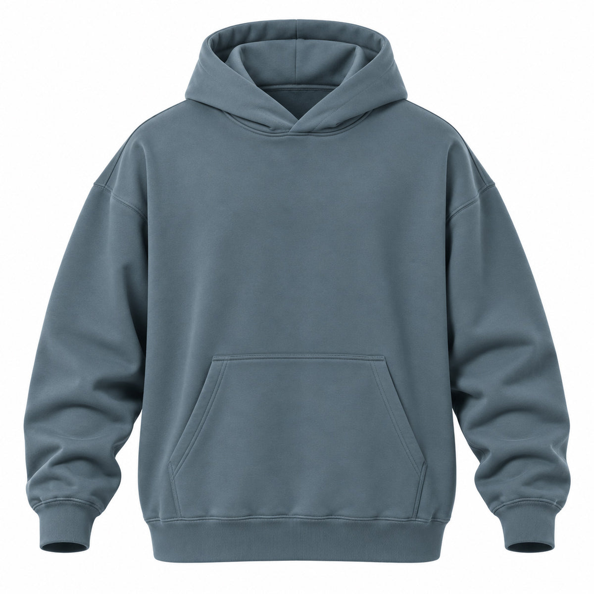 A solid slate blue pullover hoodie with a front kangaroo pocket, shown on a clean white background.