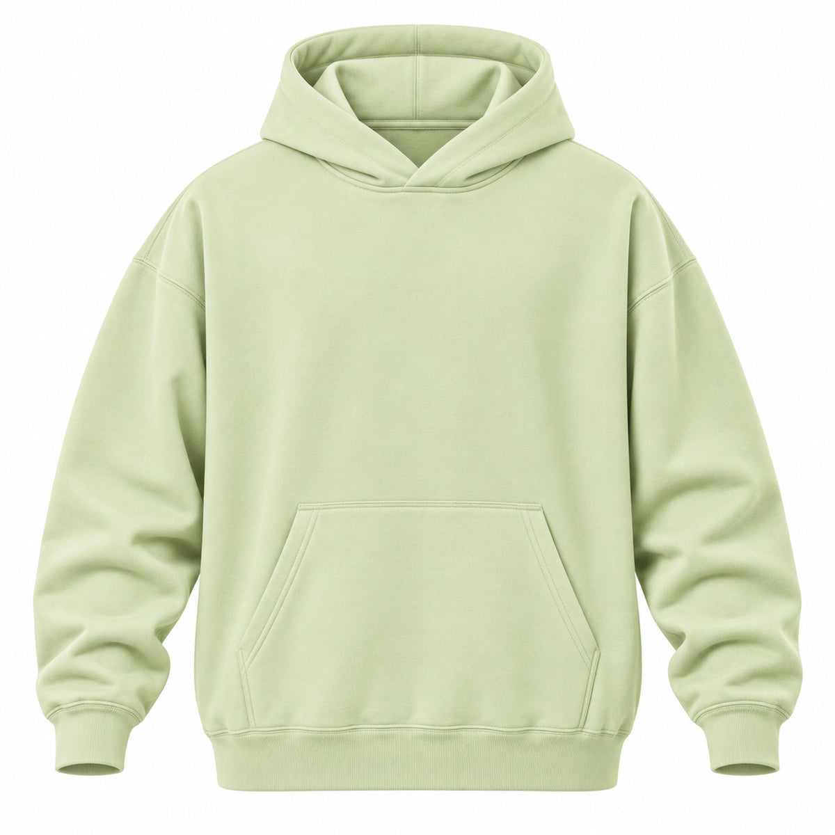 A light sage green pullover hoodie with a front kangaroo pocket, shown on a plain white background.