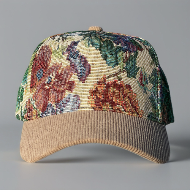 A structured baseball cap featuring a detailed floral tapestry front panel with brown, green, and purple flowers on a beige background, paired with a ribbed tan corduroy visor, set against a neutral gray background.